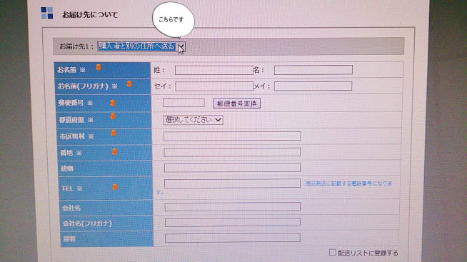 お届け先が購入者と違う場合には購入者と別の住所へ送るを選択。赤い印のついている所は入力が必要です。