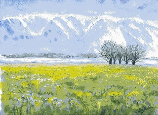 琵琶湖畔より比良山を望む