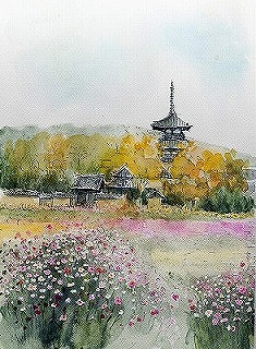 法起寺と秋桜