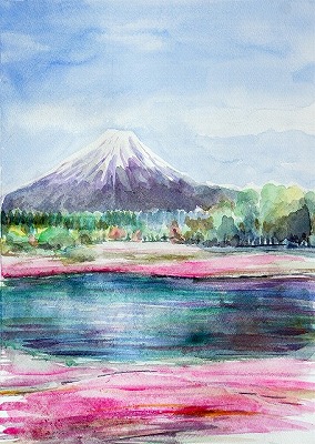 富士と芝桜　本栖湖畔より