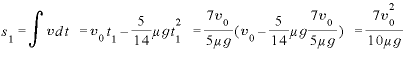 s_{1}=\displaystyle \int vdt =v_{0}t_{1}-\frac{5}{14}\mu gt_{1}^{2} =\frac{7v_{0}}{5\mu g}(v_{0}-\frac{5}{14}\mu g\frac{7v_{0}}{5\mu g}) =\frac{7v_{0}^{2}}{10\mu g}