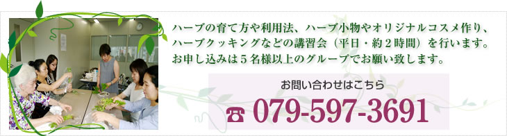 ハーブの育て方や利用法、ハーブ小物やオリジナルコスメ作り、ハーブクッキングなどの講習会（平日・約２時間）を行います。お申し込みは５名様以上のグループでお願い致します。お問い合わせはこちら 079-597-3691