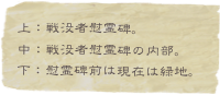 上：戦没者慰霊碑。
中：戦没者慰霊碑の内部。
下：慰霊碑前は現在は緑地。