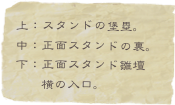 上：スタンドの堡塁。
中：正面スタンドの裏。
下：正面スタンド雛壇
　　横の入口。