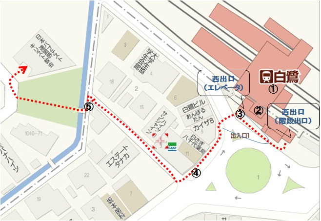 南海白鷺駅改札出口から教会までの道案内図