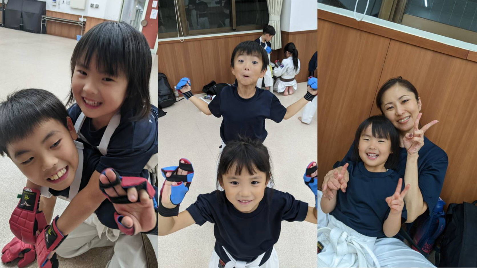 一世塾の道場で笑顔を見せる空手の子どもたちと指導者