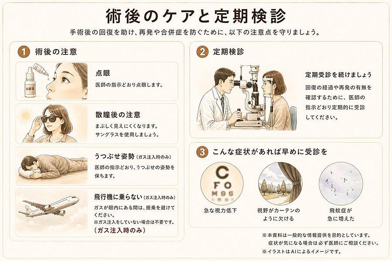 網膜光凝固術・硝子体手術のケアについてのイラスト