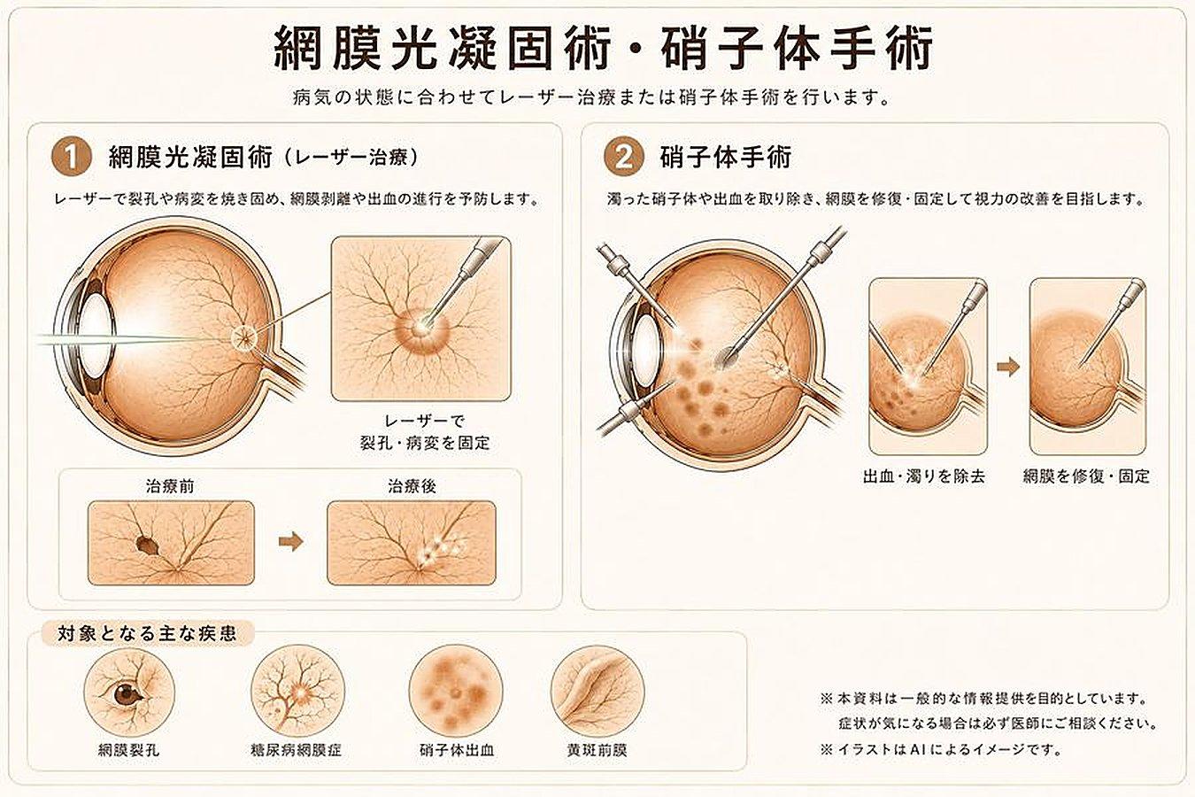 網膜光凝固術・硝子体手術の治療についてのイラスト