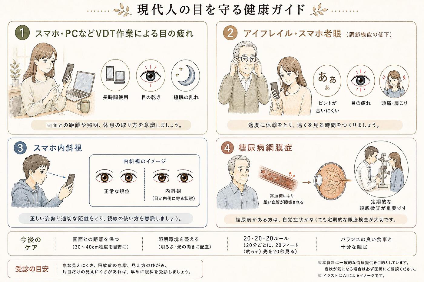 現代人の目の健康：主な原因とリスク（スマホ・PC・LED、アイフレイル・スマホ老眼、内斜視、糖尿病網膜症）