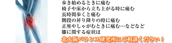 北大阪バランス研究所の膝専科、膝のつらい症状を治療いたします。