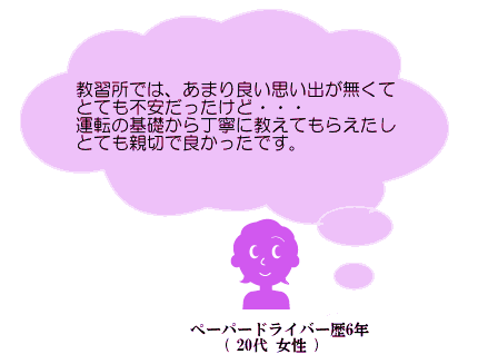 教習所では、あまり良い思い出がなくて とても不安だったけど・・・運転の基礎から丁寧に教えてもらえたし とても親切で良かったです。