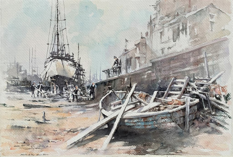 「西洋の路地：思いを巡らせる小道」 貝楽也 作品 「A3サイズの水彩画」 欧風の街並み：詩情ある住まい」 貝楽也 作品 「A3サイズの