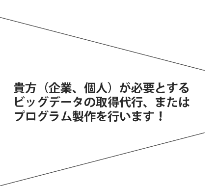 貴方（企業、個人）が必要とするビッグデータの取得代行、またはプログラム製作を行います