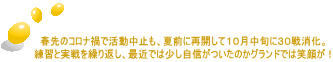 春先のコロナ禍で活動中止も、夏前に再開して１０月中旬に３０戦消化。 練習と実戦を繰り返し、最近では少し自信がついたのかグランドでは笑顔が！