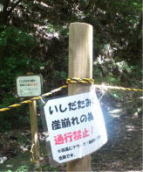 「崖崩れの為通行禁止」の張り紙の写真