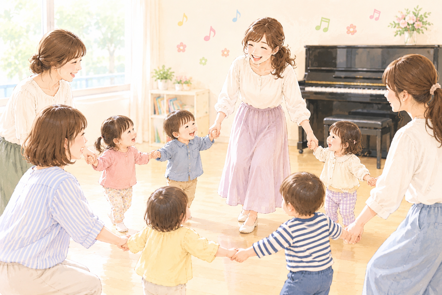 先生と5組の親子が輪になって手をつなぎ、ピアノのある教室でリトミックを楽しむイラスト