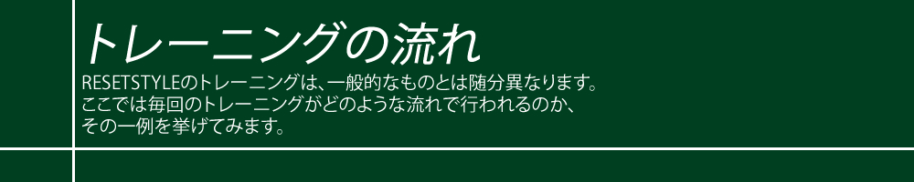 トレーニングの流れ　RESETSTYLEのトレーニングは、一般的な武術道場のそれとは随分異なります。ここでは毎回のトレーニングがどのような流れで行われるのか、その一例を挙げてみます。