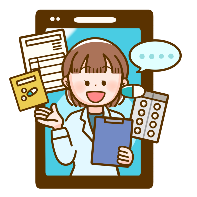 オンライン服薬指導：ビデオ通話を用いて薬剤師が服薬説明を行います。