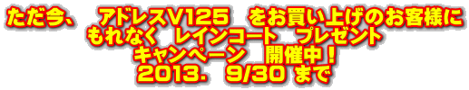 ただ今、 アドレスV125 をお買い上げのお客様に もれなく レインコート プレゼント キャンペーン 開催中! 2013. 9/30 まで
